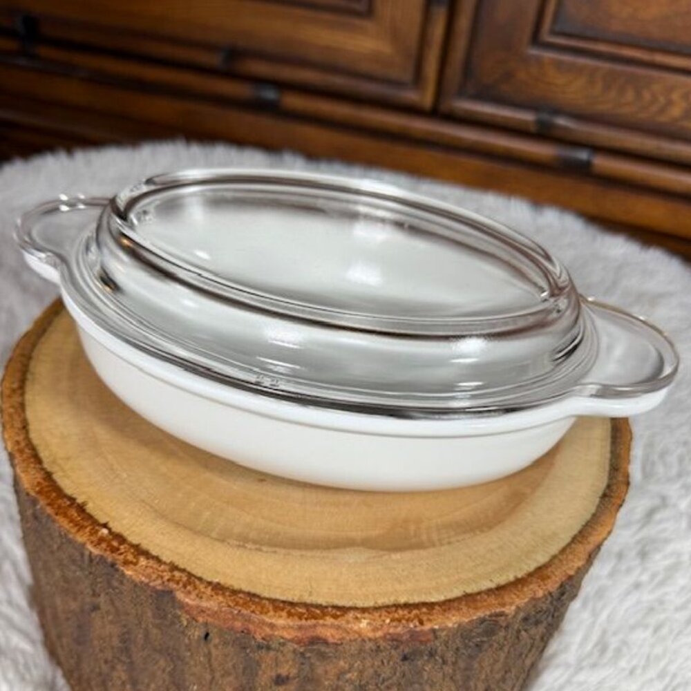 Vintage CorningWare Oval 14oz Handled Baker with Pyrex Handled Glass Lid